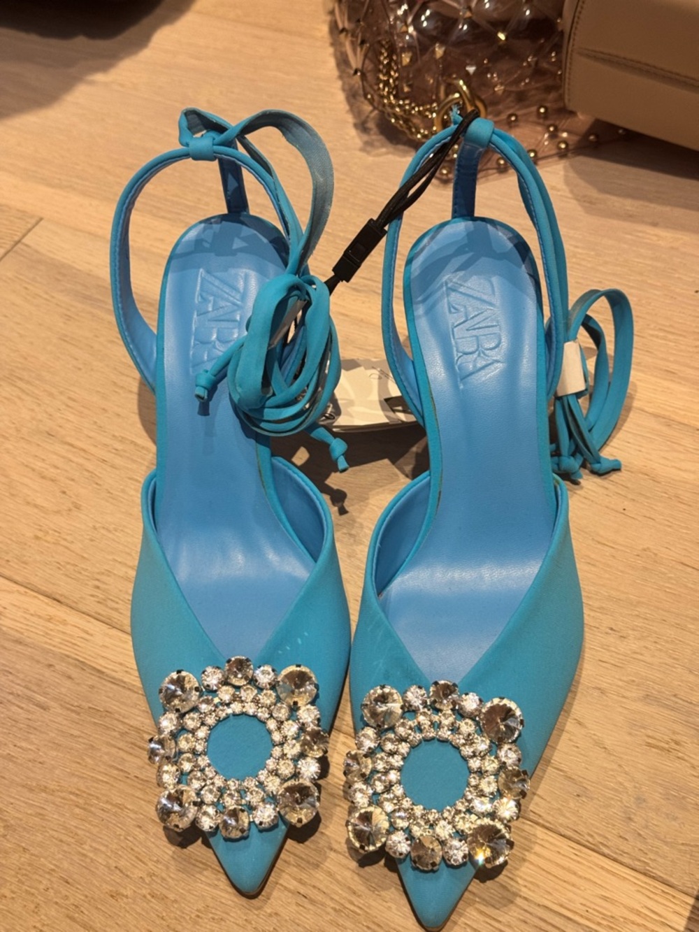 Zara Turquoise Pointed Toe Slingback Heels with Crystal Buckle